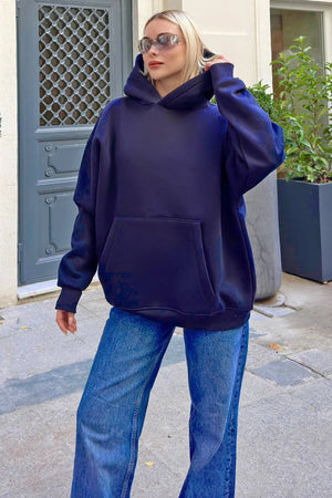 Lacivert Stay Kapüşonlu Kanguru Cepli İçi Polarlı Oversize Kadın Sweatshirt