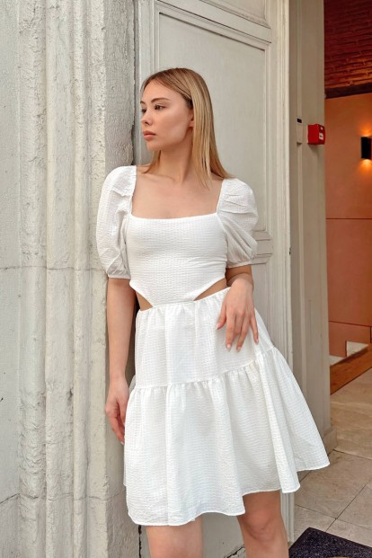 Beyaz Karpuz Kol Arkadan Bağlama Detay Kadın Mini Elbise - 3