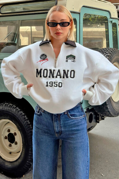 Beyaz Monano Polo Yaka Nakışlı İçi Pamuklu Kadın Sweatshirt 