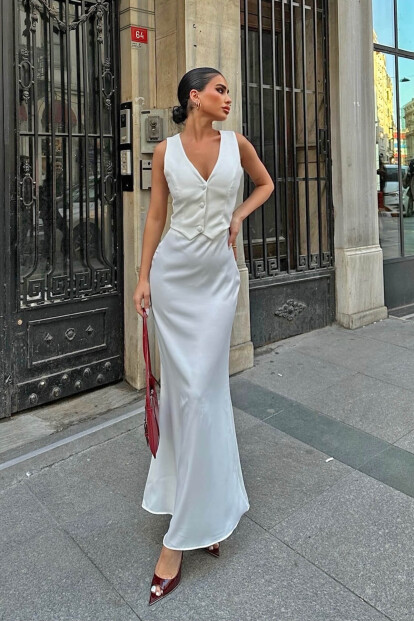 Beyaz Tasarım Yelek-Etek Kadın Midi Elbise - 4