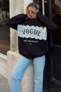 Siyah Enjoy Dantel Garnili İçi Pamuklu Kadın Sweatshirt
