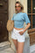Mavi Bisiklet Yaka Yarasa Kol Bel Drape Kadın Crop Bluz