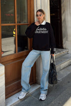 Siyah Artistic Nakışlı Polo Yaka İçi Pamuklu Kadın Sweatshirt