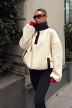 Bej Tedy Nakış Garnili Yarım Düğme Kadın Peluş Sweatshirt