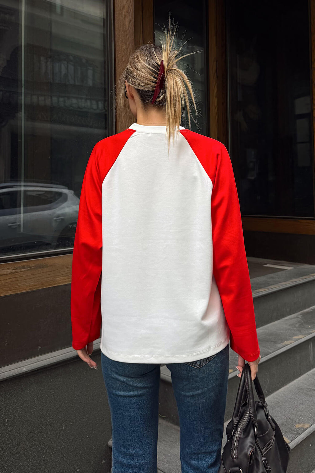 Kırmızı Garnili Reglan Kol Bisiklet Yaka Uzun Kol Kadın T-shirt