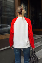 Kırmızı Garnili Reglan Kol Bisiklet Yaka Uzun Kol Kadın T-shirt