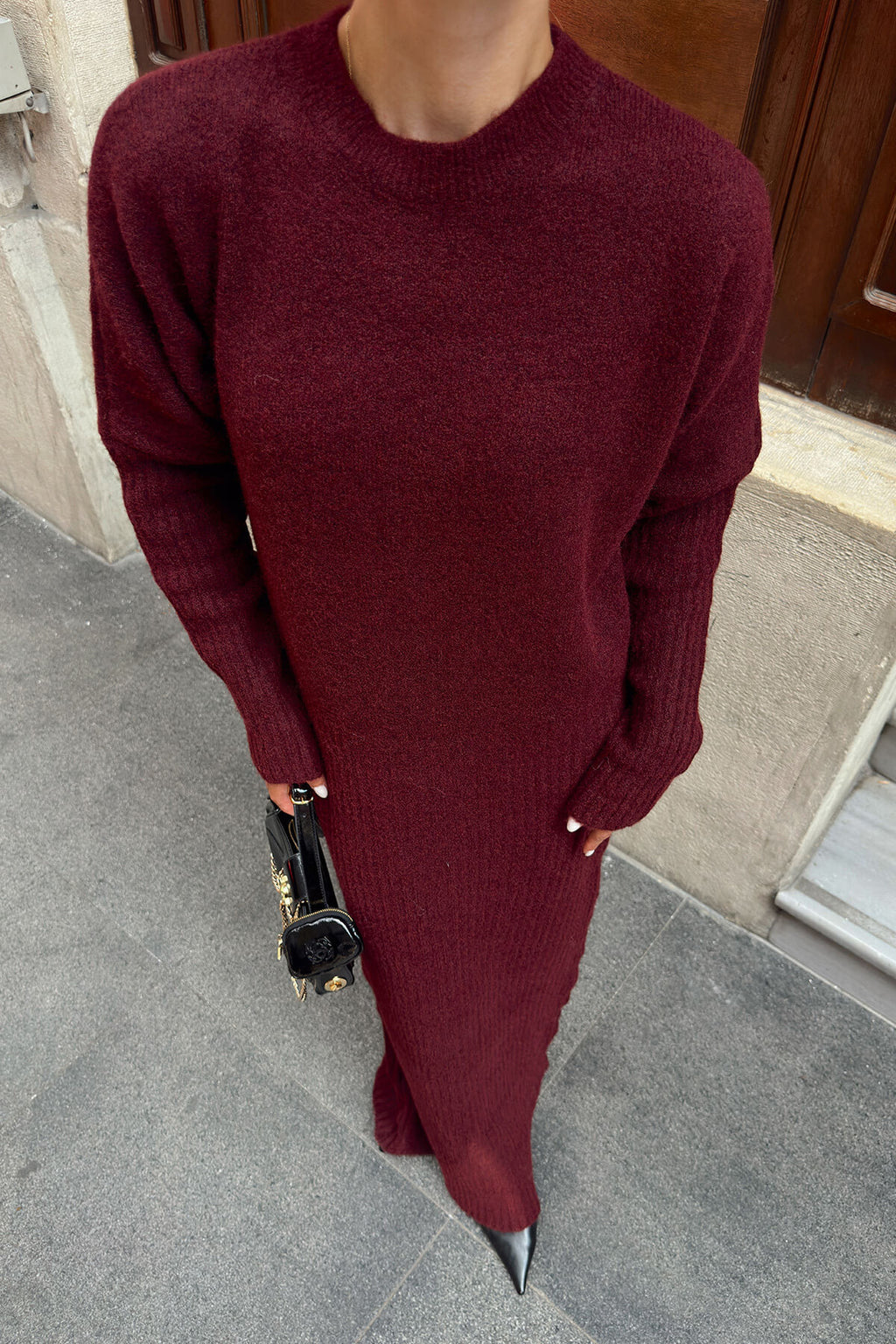 Bordo Yarasa Kol Bisiklet Yaka Fitil Örgü Kadın Triko Elbise