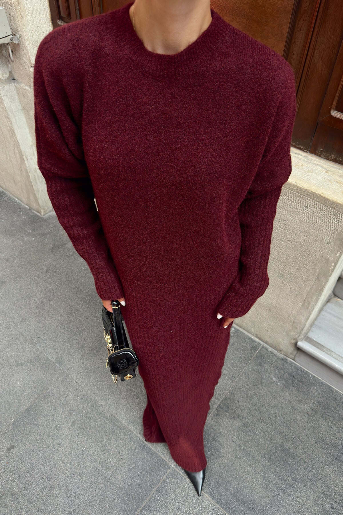 Bordo Yarasa Kol Bisiklet Yaka Fitil Örgü Kadın Triko Elbise