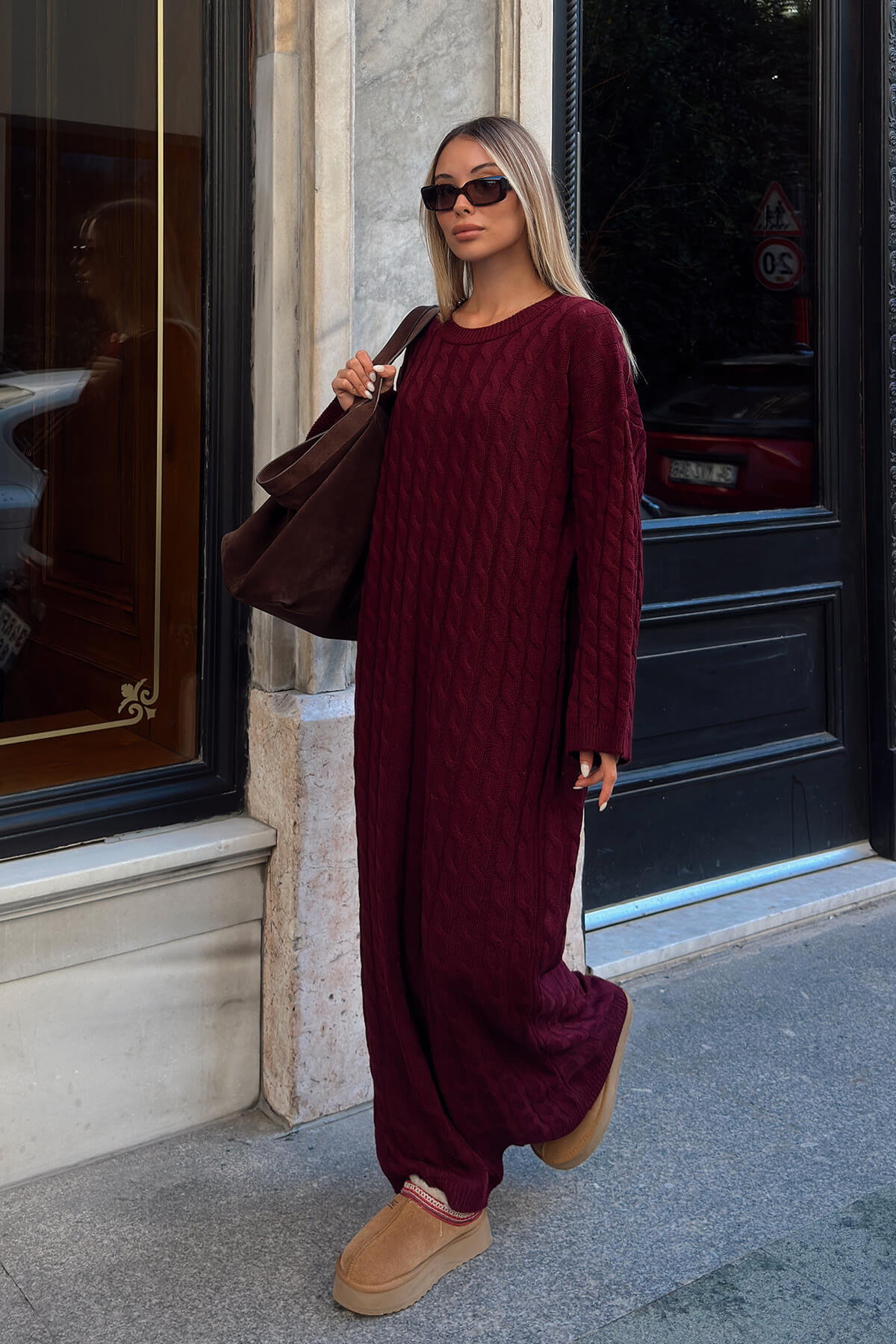 Bordo Bisiklet Yaka Saç Örgülü Kadın Triko Midi Elbise - 2. fotoğraf