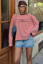Kırmızı Always Baskılı Çizgili Oversize Uzun Kol Kadın T-shirt