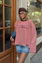 Kırmızı Always Baskılı Çizgili Oversize Uzun Kol Kadın T-shirt