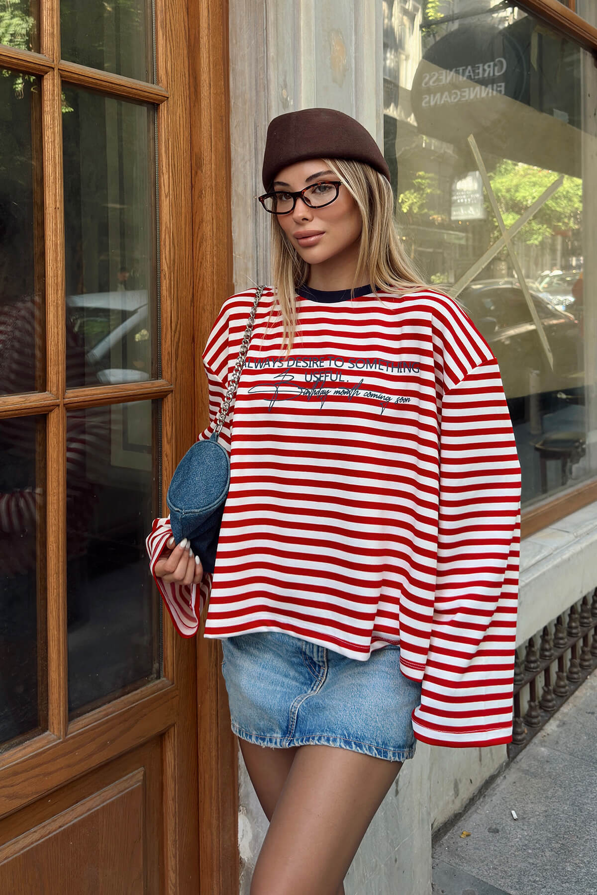 Kırmızı Always Baskılı Çizgili Oversize Uzun Kol Kadın T-shirt