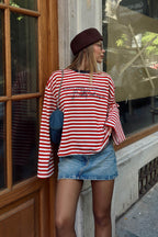 Kırmızı Always Baskılı Çizgili Oversize Uzun Kol Kadın T-shirt