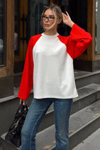 Kırmızı Garnili Reglan Kol Bisiklet Yaka Uzun Kol Kadın T-shirt