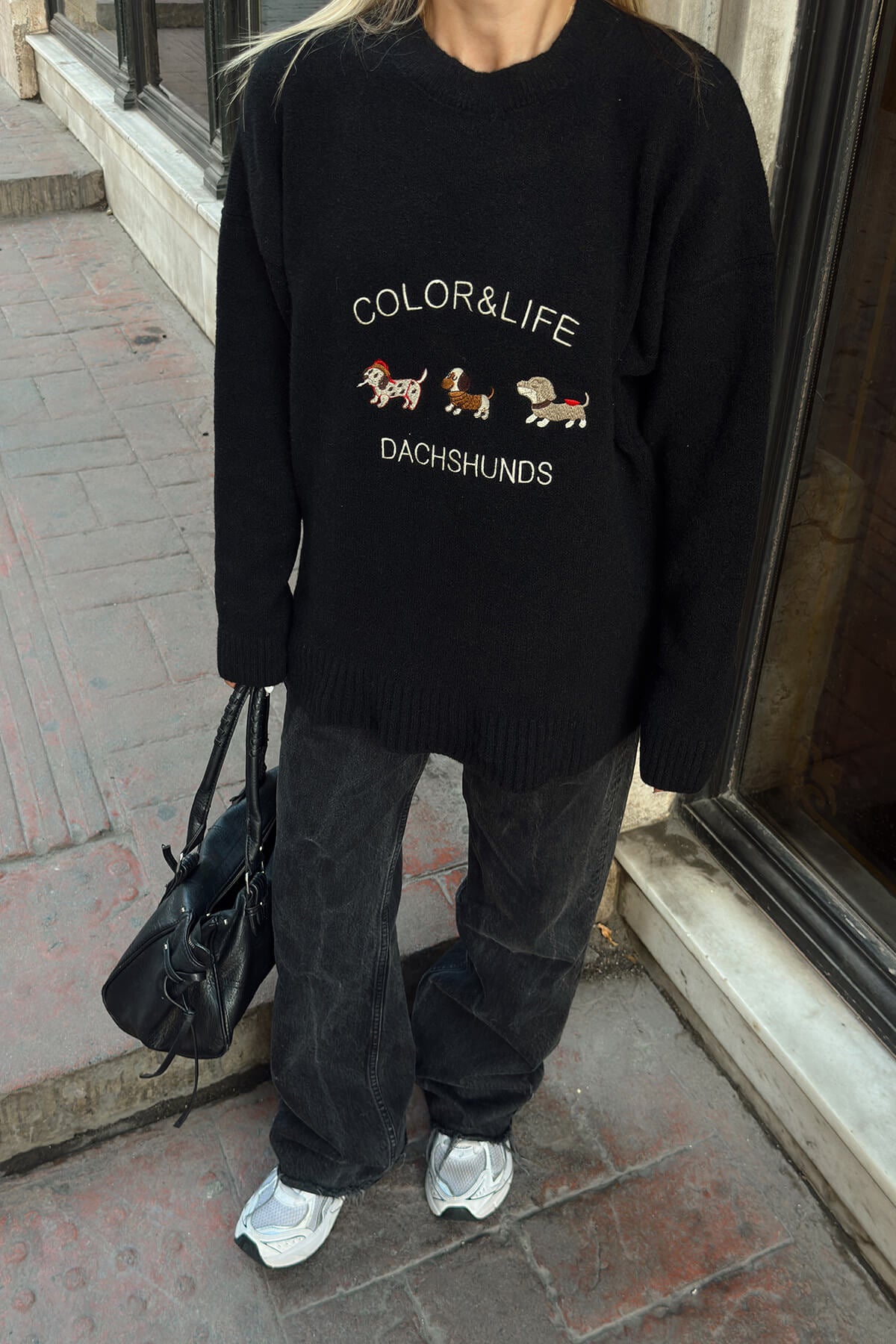 Siyah Color Life Nakışlı Bisiklet Yaka Kadın Triko Kazak