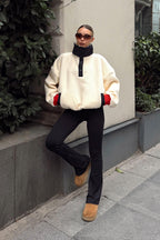 Bej Tedy Nakış Garnili Yarım Düğme Kadın Peluş Sweatshirt