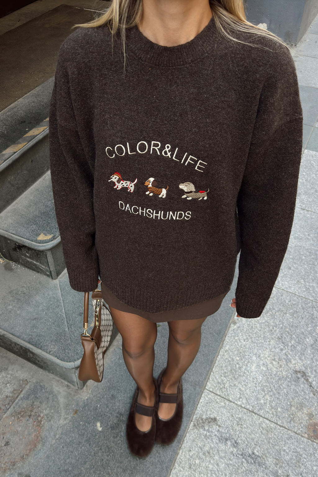 Kahverengi Color Life Nakışlı Bisiklet Yaka Kadın Triko Kazak