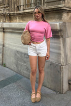 Pembe Bisiklet Yaka Yarasa Kol Bel Drape Kadın Crop Bluz