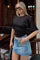 Siyah Bisiklet Yaka Yarasa Kol Bel Drape Kadın Crop Bluz