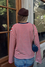 Kırmızı Always Baskılı Çizgili Oversize Uzun Kol Kadın T-shirt