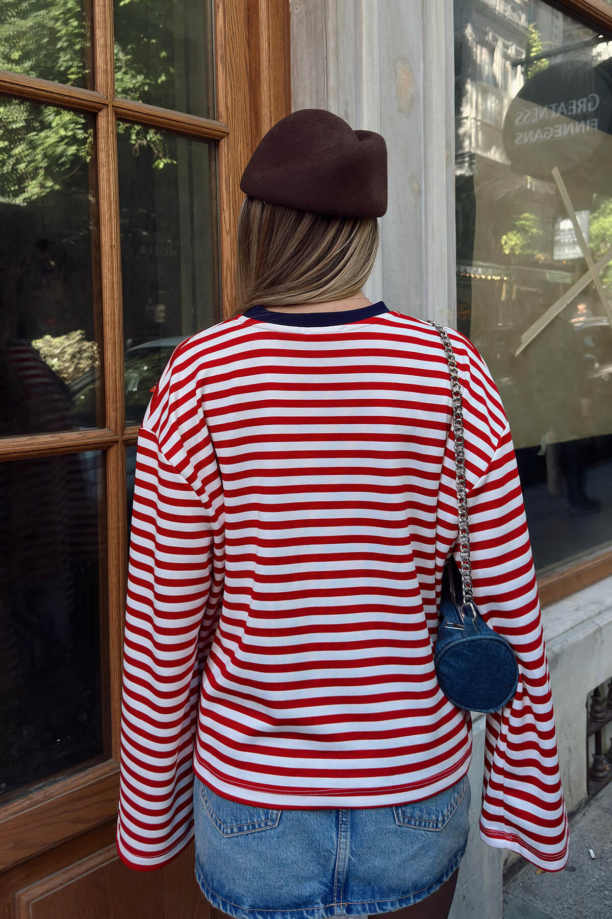 Kırmızı Always Baskılı Çizgili Oversize Uzun Kol Kadın T-shirt