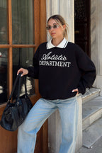 Siyah Artistic Nakışlı Polo Yaka İçi Pamuklu Kadın Sweatshirt