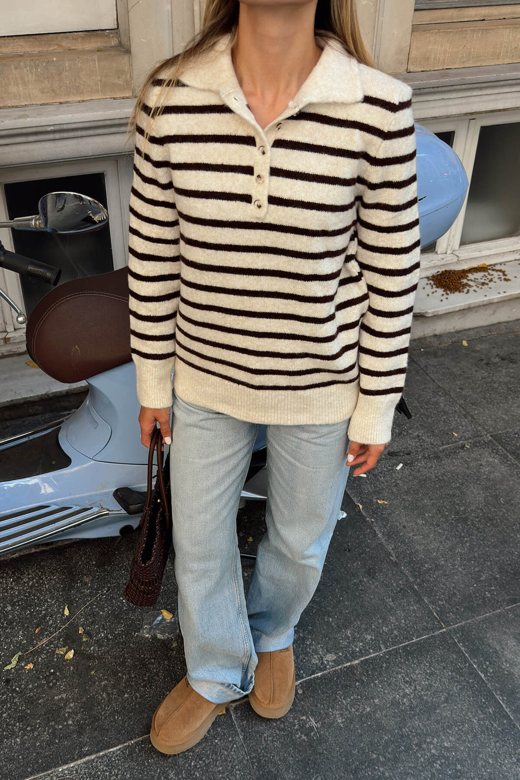Bej Rab Çizgili Düğmeli Polo Yaka Yünlü Kadın Triko Kazak