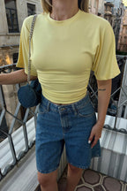 Sarı Bisiklet Yaka Yarasa Kol Bel Drape Kadın Crop Bluz