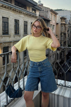 Sarı Bisiklet Yaka Yarasa Kol Bel Drape Kadın Crop Bluz