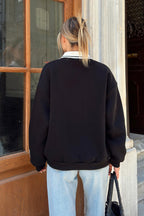 Siyah Artistic Nakışlı Polo Yaka İçi Pamuklu Kadın Sweatshirt