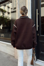 Kahverengi Polo Yaka Çoban Dikiş İçi Pamuklu Dog Baskılı Kadın Sweatshirt 
