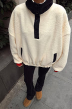 Bej Tedy Nakış Garnili Yarım Düğme Kadın Peluş Sweatshirt