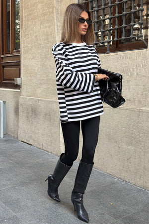 Siyah Thin Bisiklet Yaka Çizgili Salaş İnce Kadın SweatShirt