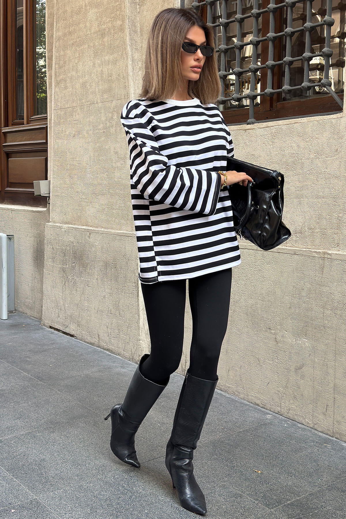 Siyah Thin Bisiklet Yaka Çizgili Salaş İnce Kadın SweatShirt