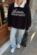 Siyah Artistic Nakışlı Polo Yaka İçi Pamuklu Kadın Sweatshirt