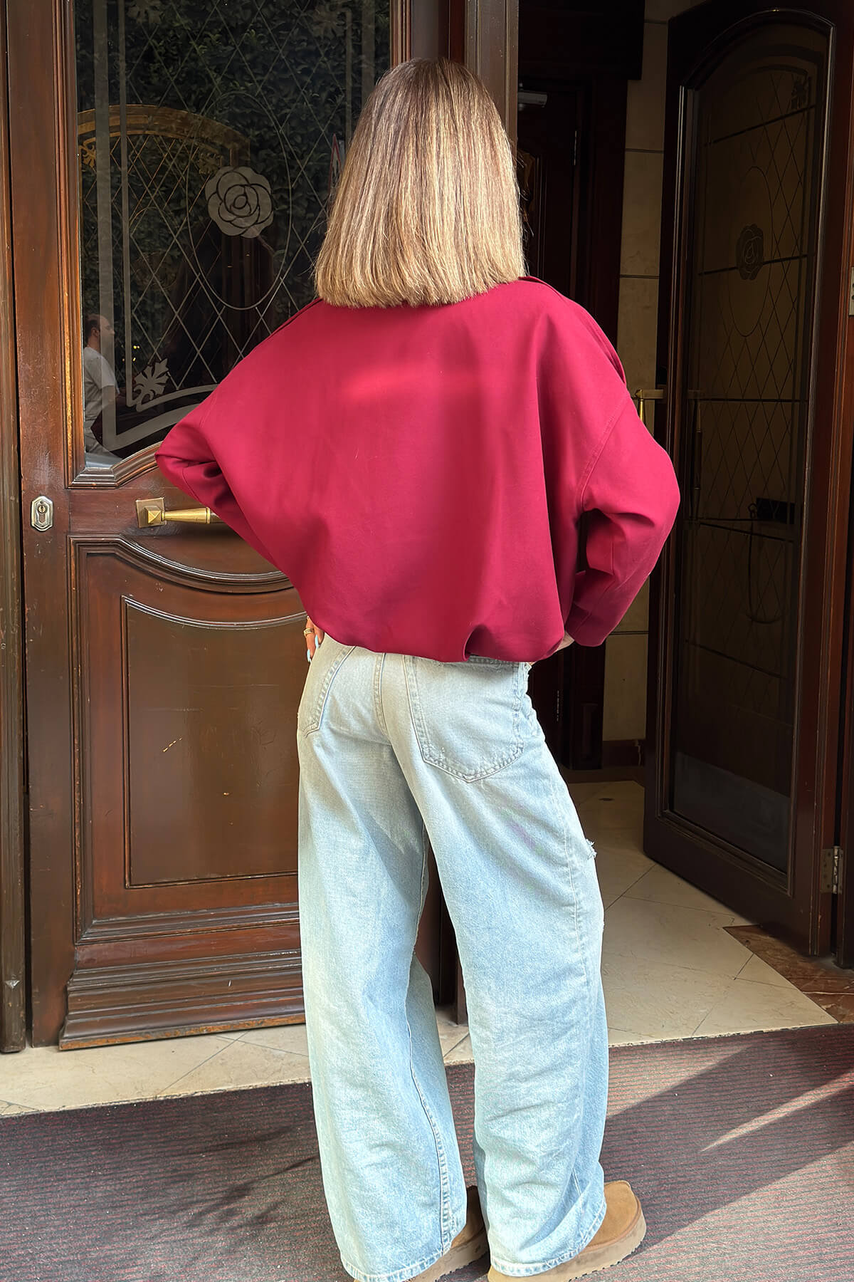 Bordo Polo Yaka Fermuar Ve Pat Detaylı Kadın Bomber Ceket