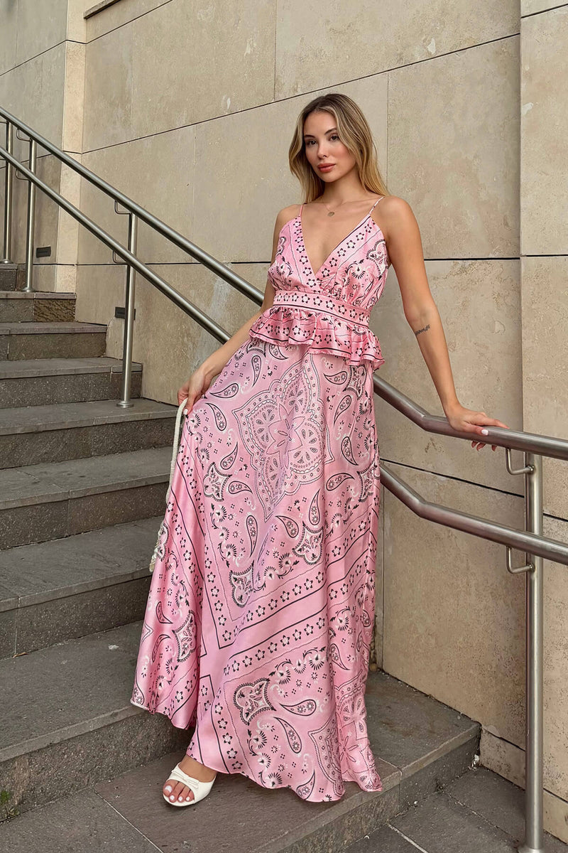 Pembe İnce Askılı Sırt Bağlamalı Şal Desen Kadın Saten Midi Elbise