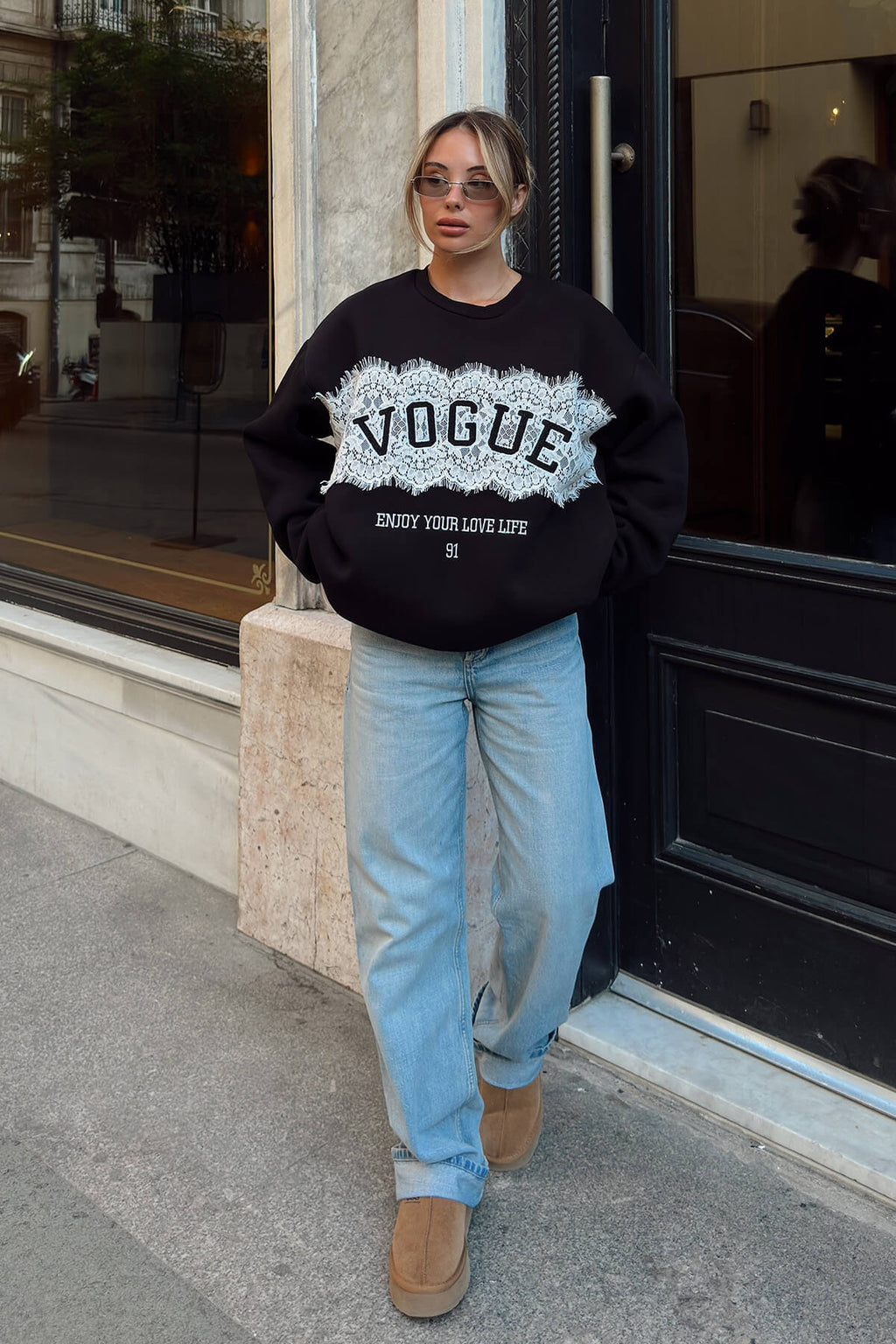 Siyah Enjoy Dantel Garnili İçi Pamuklu Kadın Sweatshirt
