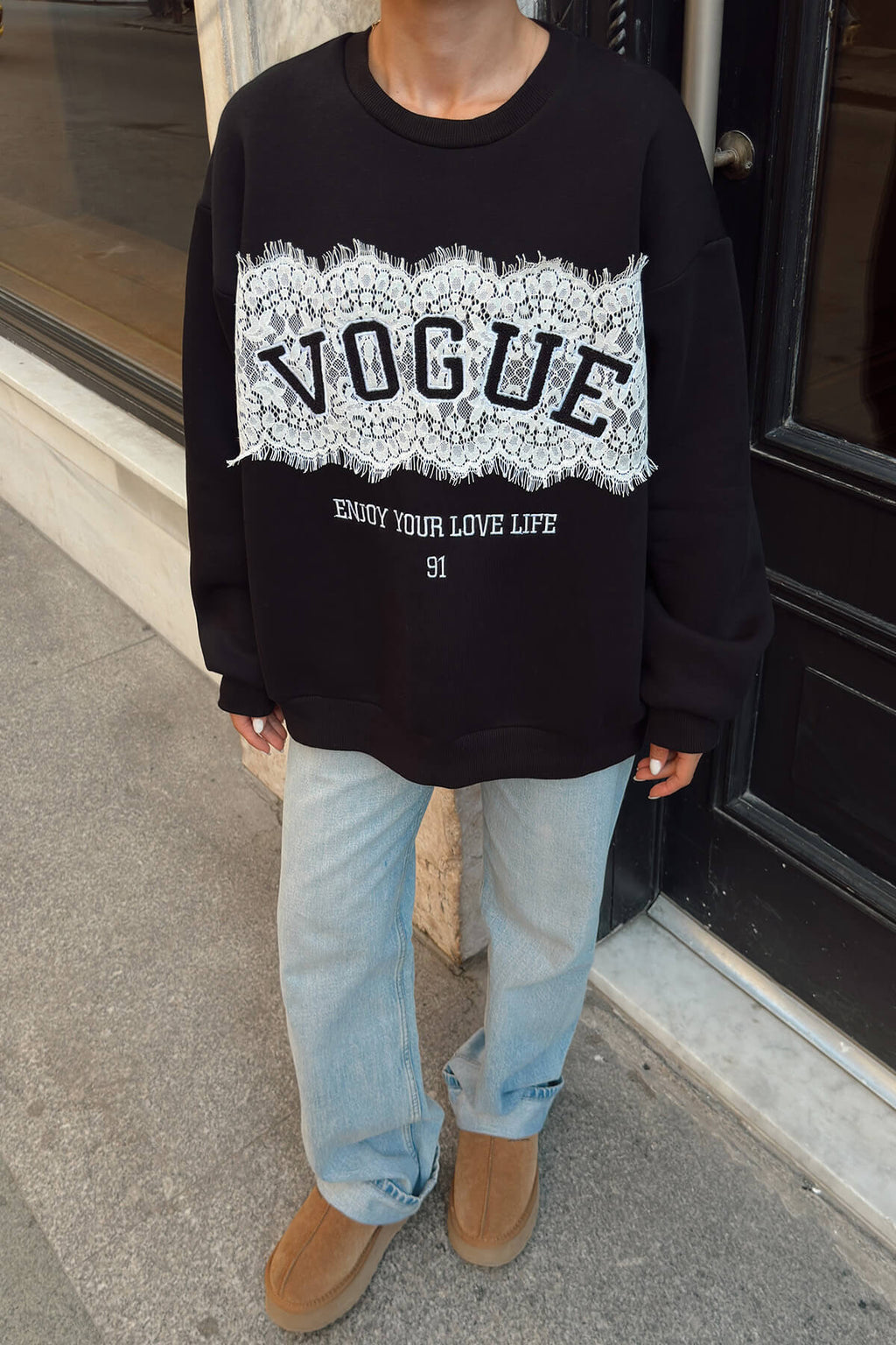 Siyah Enjoy Dantel Garnili İçi Pamuklu Kadın Sweatshirt
