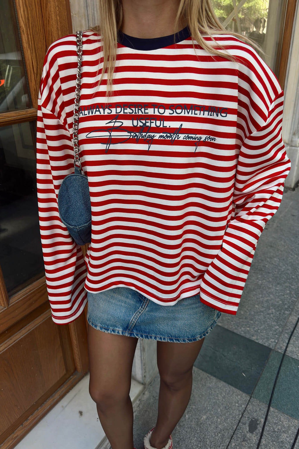 Kırmızı Always Baskılı Çizgili Oversize Uzun Kol Kadın T-shirt