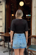 Siyah Bisiklet Yaka Yarasa Kol Bel Drape Kadın Crop Bluz