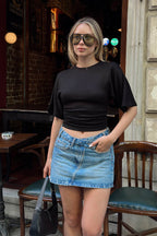 Siyah Bisiklet Yaka Yarasa Kol Bel Drape Kadın Crop Bluz