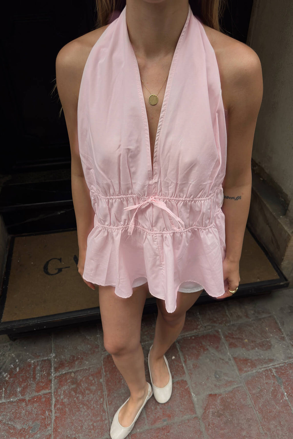 Pembe Esi Boyundan Geçme Bel Lastikli Poplin Volanlı Kadın Bluz