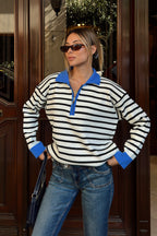 Mavi Hizy Çizgili Polo Yaka Yarım Fermuarlı Kadın Triko Kazak