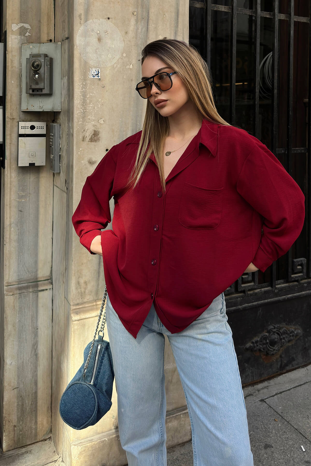 Bordo One A Pile Tek Cepli Oversize Kadın Gömlek