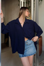Lacivert One A Pile Tek Cepli Oversize Kadın Gömlek