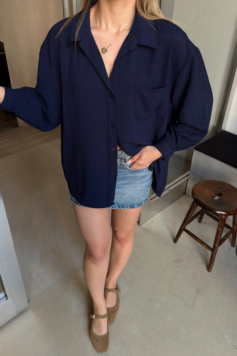 Lacivert One A Pile Tek Cepli Oversize Kadın Gömlek
