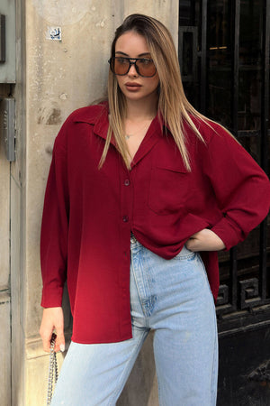Bordo One A Pile Tek Cepli Oversize Kadın Gömlek