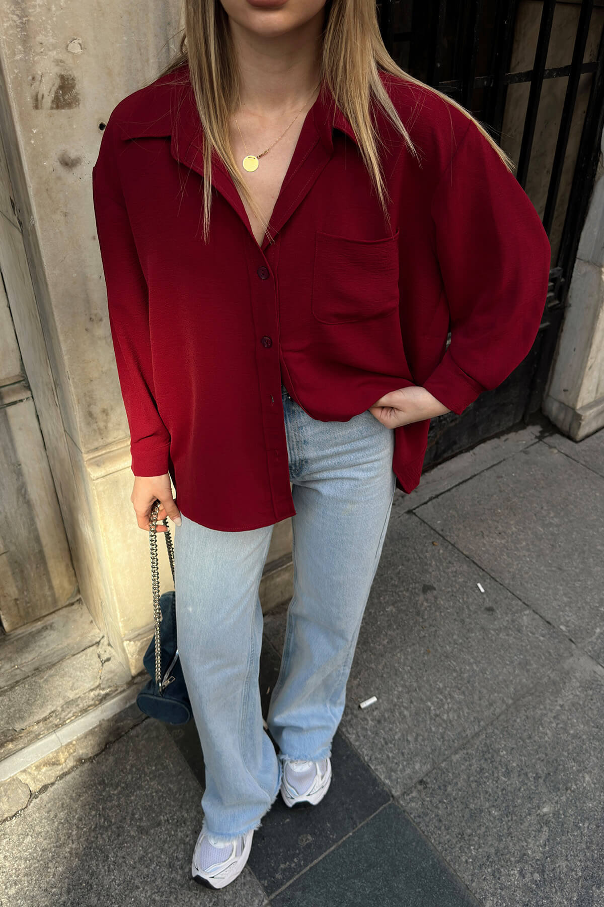 Bordo One A Pile Tek Cepli Oversize Kadın Gömlek