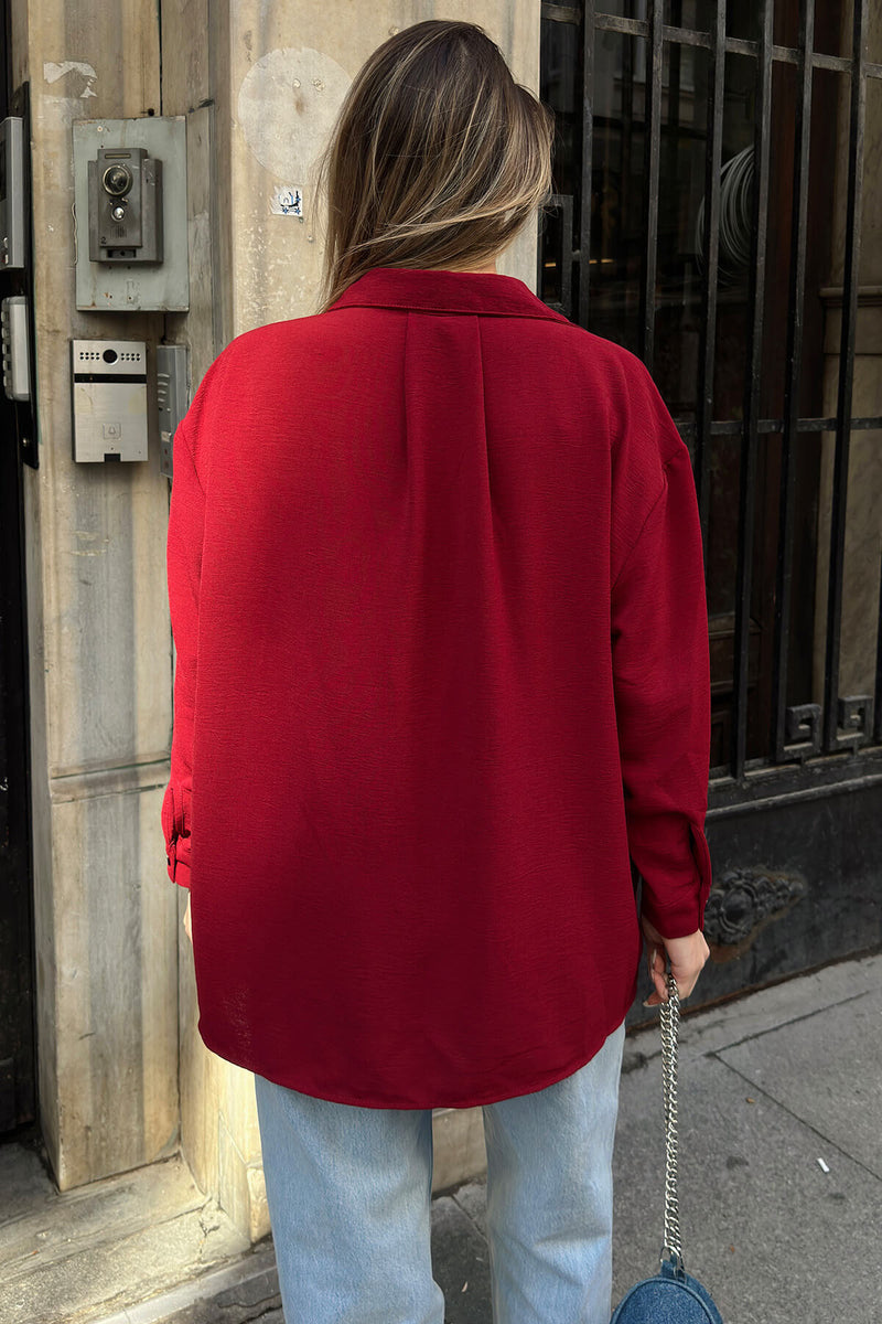 Bordo One A Pile Tek Cepli Oversize Kadın Gömlek